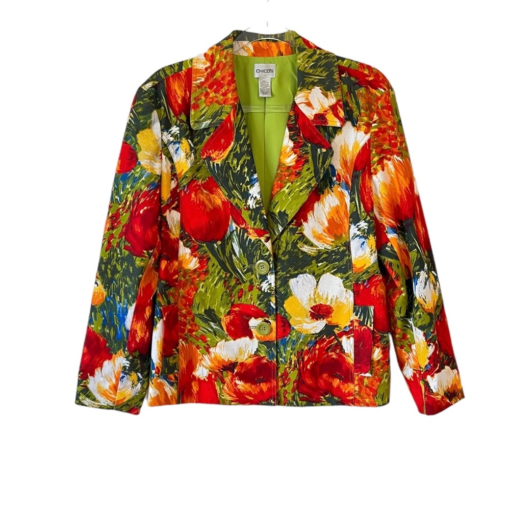 Chico's Floral Poppy Multi Color Women's Cotton Blend Blazer/Jacket Size…